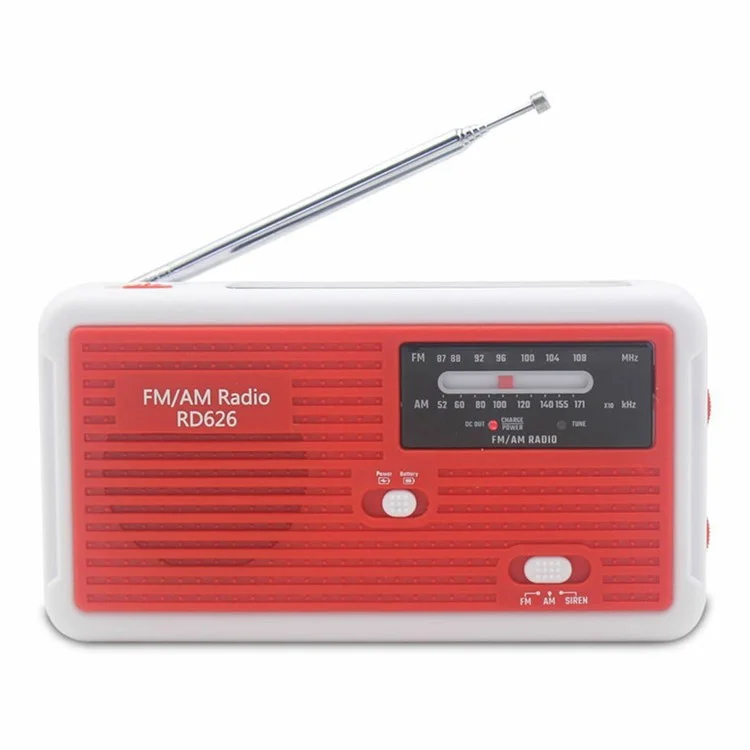 RD626 Outdoor Solar Power Hand Crank AM  /  FM Radio LED Flashlight 1200mAh Power Bank - Red