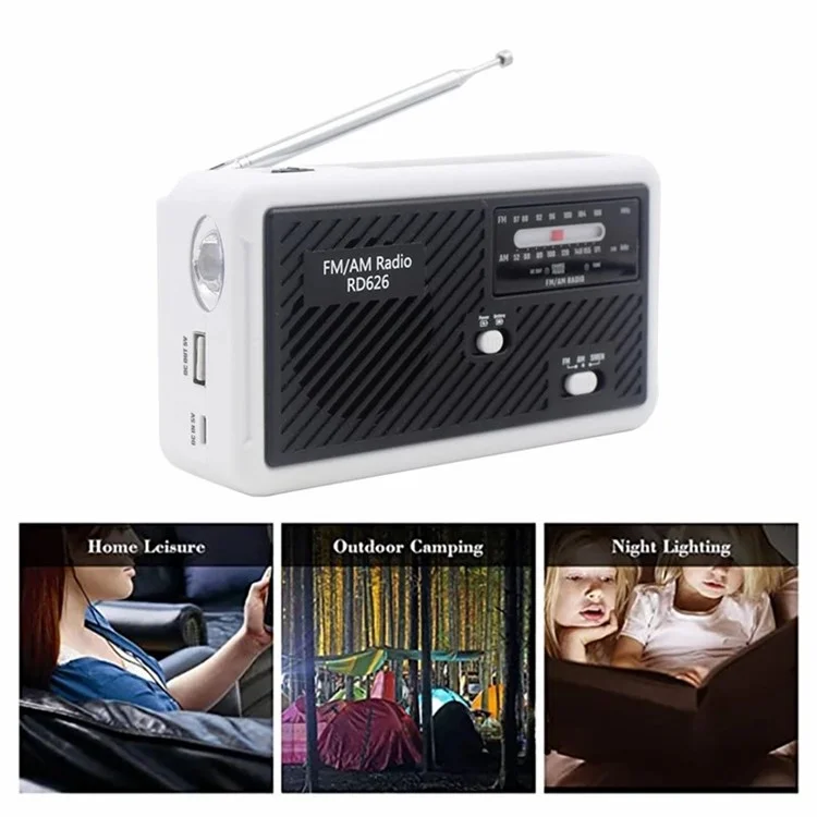 RD626 Outdoor Solar Power Hand Crank AM  /  FM Radio LED Flashlight 1200mAh Power Bank - Red