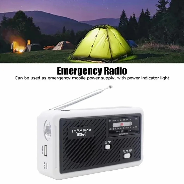 RD626 Outdoor Solar Power Hand Crank AM  /  FM Radio LED Flashlight 1200mAh Power Bank - Red