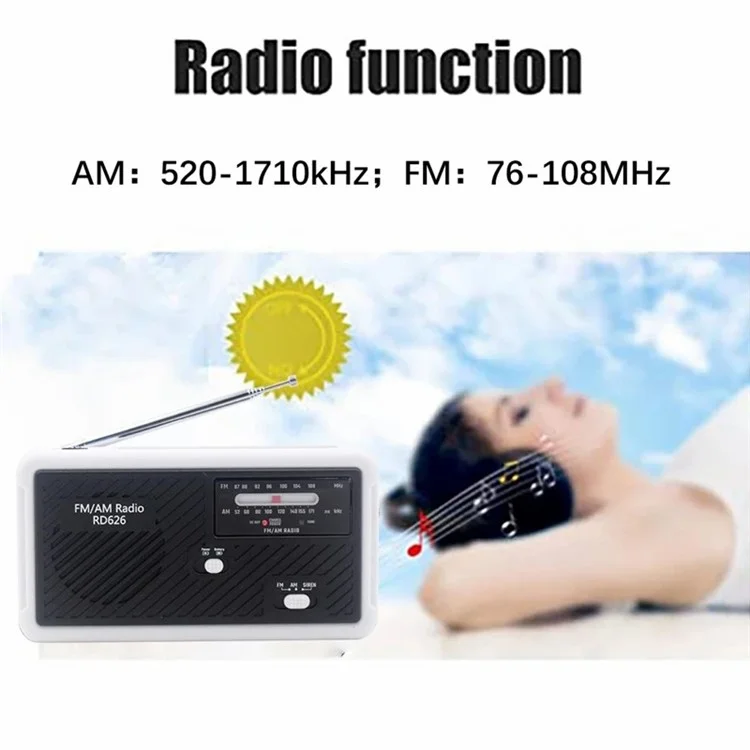 RD626 Outdoor Solar Power Hand Crank AM  /  FM Radio LED Flashlight 1200mAh Power Bank - Red