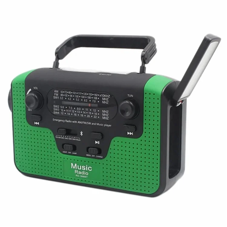 Радиоприемник RD388 на солнечной энергии с ручным приводом, AM/FM/SW, Bluetooth-плеер, светодиодный фонарик, внешний аккумулятор 2200 мАч - зеленый