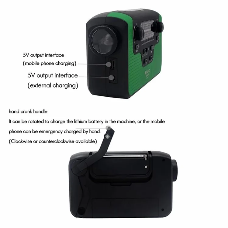 Радиоприемник RD388 на солнечной энергии с ручным приводом, AM/FM/SW, Bluetooth-плеер, светодиодный фонарик, внешний аккумулятор 2200 мАч - зеленый