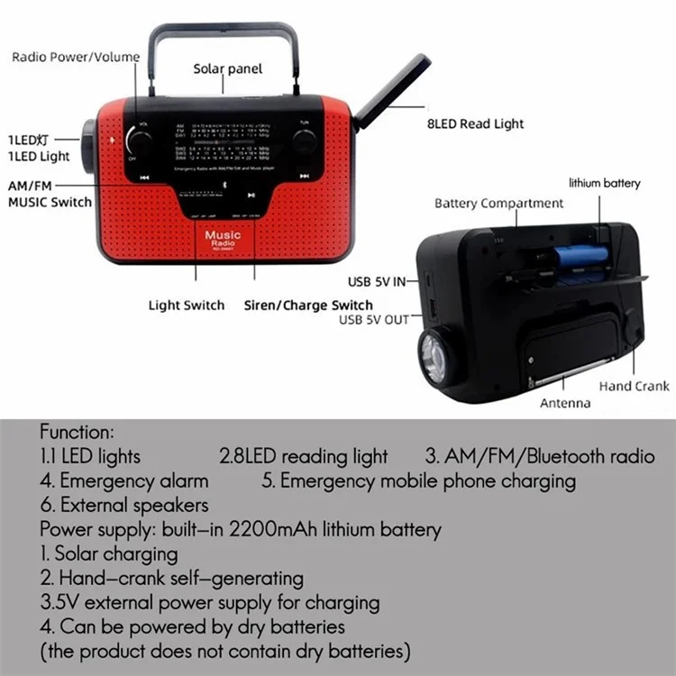 Радиоприемник RD388 на солнечной энергии с ручным приводом, AM/FM/SW, Bluetooth-плеер, светодиодный фонарик, внешний аккумулятор 2200 мАч - зеленый
