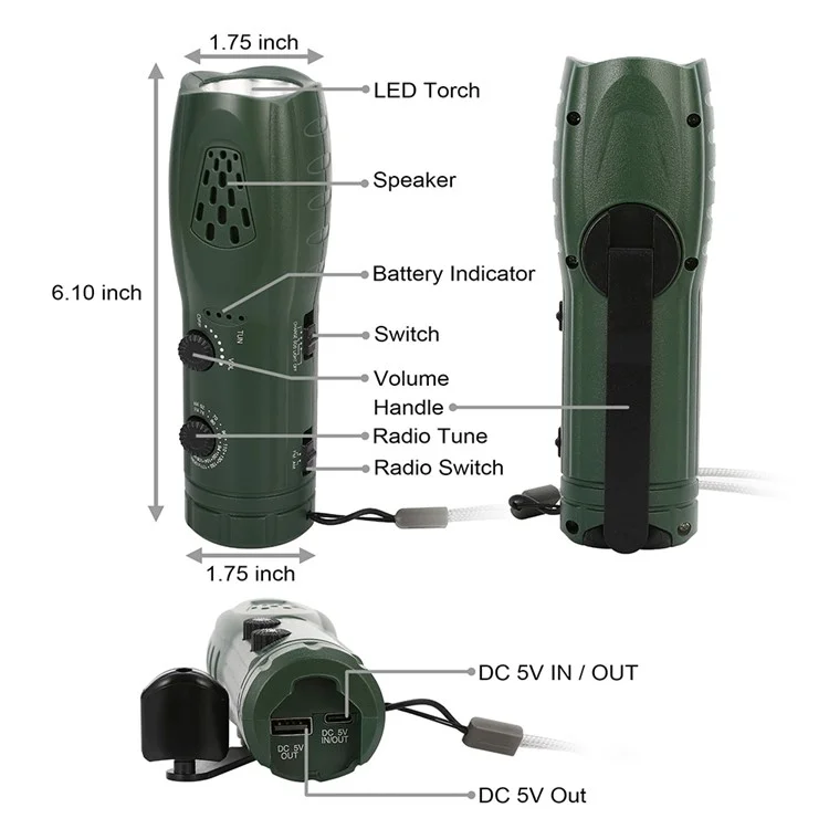 RD361 Outdoor Camping Climbing Hand Crank AM  /  FM Radio LED Flashlight Power Bank - Verde