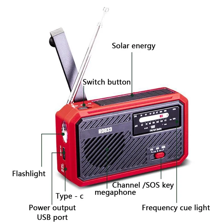 RD833 AM FM Radio Solar Charging Hand Crank Portable LED Flashlight Power Bank Phone Charger - Blue