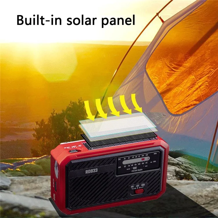 RD833 AM FM Radio Solar Charging Hand Crank Portable LED Flashlight Power Bank Phone Charger - Blue