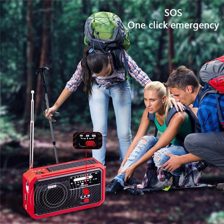 RD833 AM FM Radio Solar Charging Hand Crank Portable LED Flashlight Power Bank Phone Charger - Blue