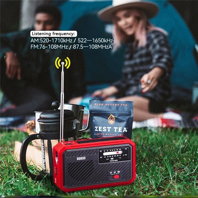 RD833 AM FM Radio Solar Charging Hand Crank Portable LED Flashlight Power Bank Phone Charger - Blue