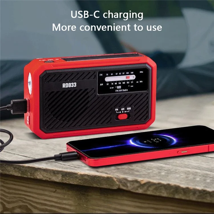 RD833 AM FM Radio Solar Charging Hand Crank Portable LED Flashlight Power Bank Phone Charger - Blue