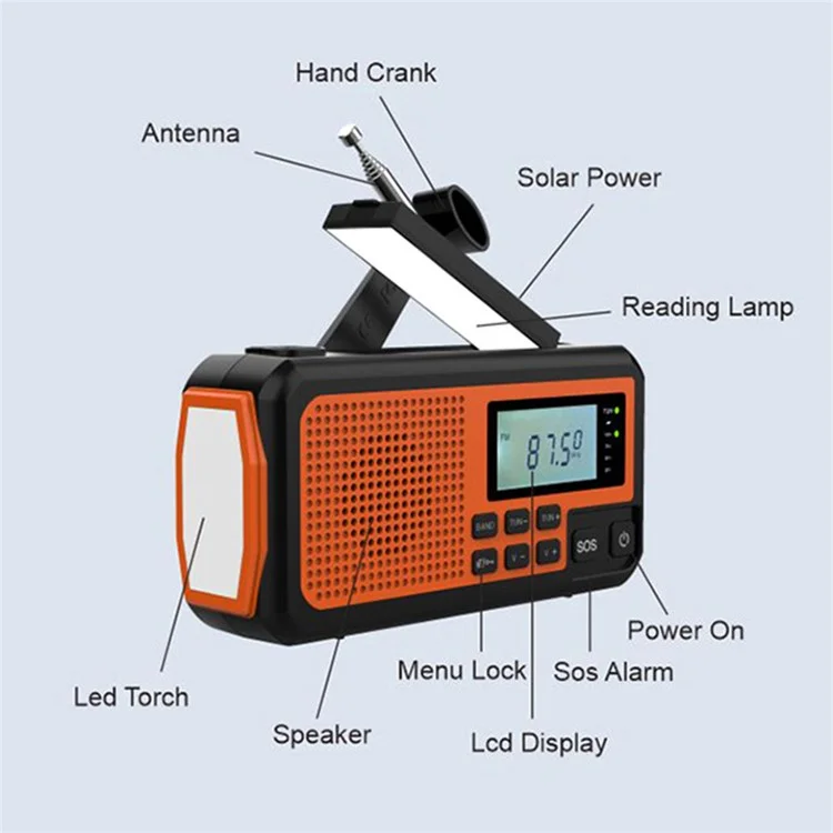373 Multifunctional Outdoor Emergency Hand Crank AM / FM Solar Radio Power Bank, Versión Europea