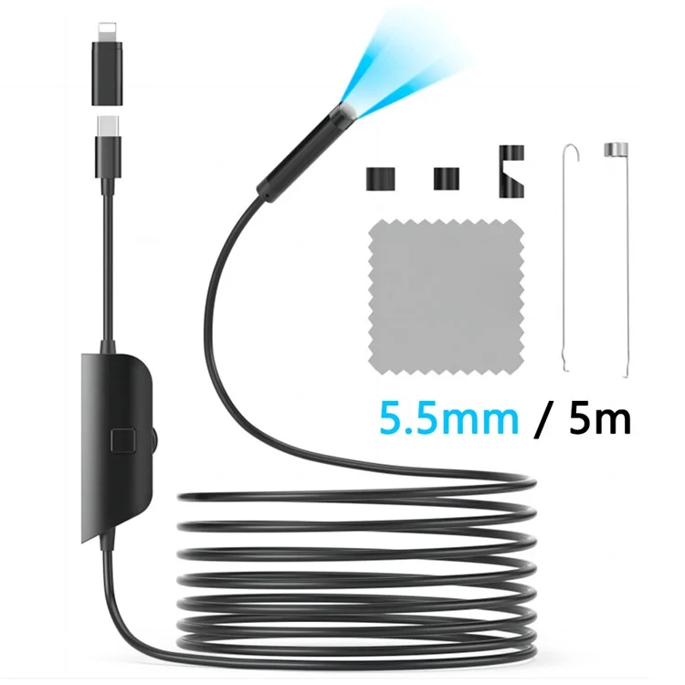 5002TC 5m Hard Wire 5.5mm Aluminum Tube 8-Pin+Type-C Phone Endoscope Inspection Camera with LED