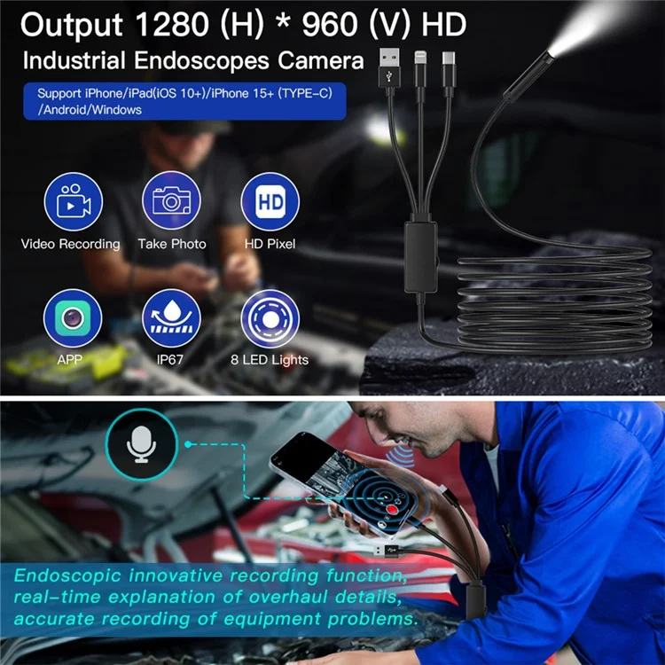 5002TC 3m Hard Wire 8mm Cable 8-Pin+Type-C Phone Endoscope Waterproof Camera Lens Microscope