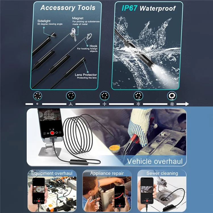 5002TC 3m Hard Wire 8mm Cable 8-Pin+Type-C Phone Endoscope Waterproof Camera Lens Microscope
