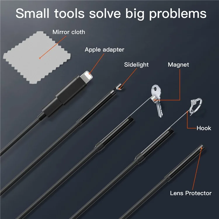 5001TC Endoscopio industrial de cable duro de 5 m con lente de cámara de 5.5 mm para teléfonos con conector de 8 pines y USB Tipo-C