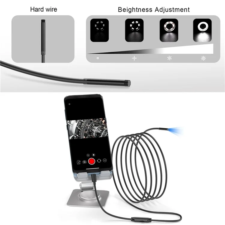 5001TC 1m Cable Duro 5.5mm Lente de Cámara Endoscopio Industrial para Teléfonos con Conector de 8 Pines + Tipo-C