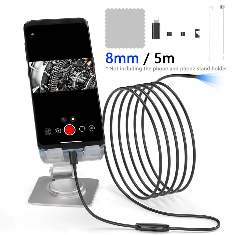 Cámara industrial endoscopio con lente de 8 mm y cable duro de 5 m para teléfonos con conector de 8 pines + USB-C 5001TC