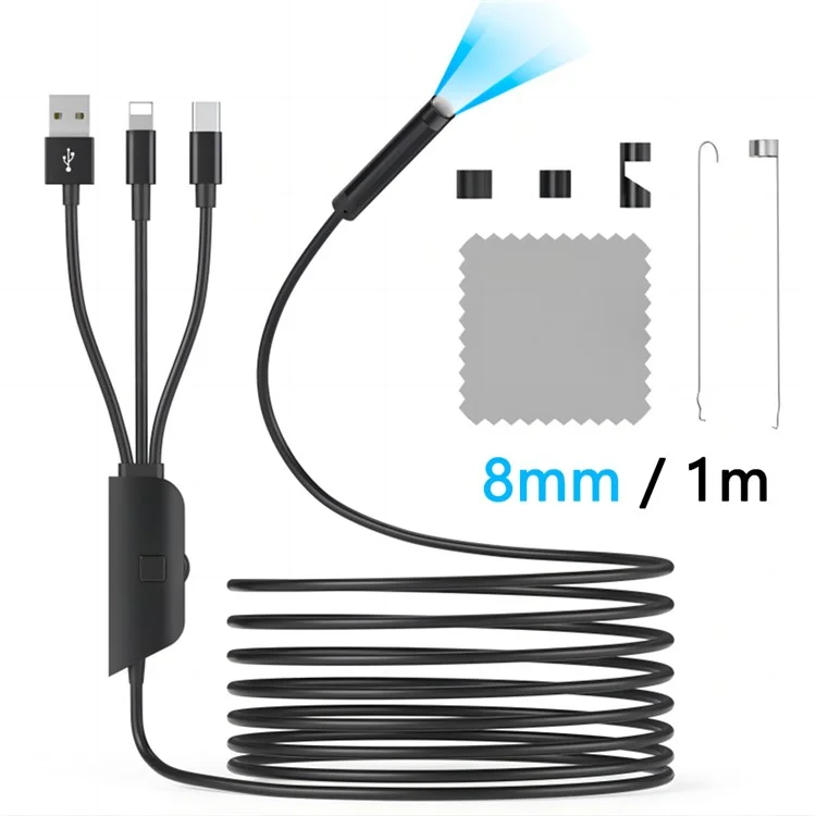 Caméra d'inspection industrielle 5002PRO 1m, câble dur, tube en aluminium de 8 mm, 2MP HD, avec interfaces Type-C + iP + USB