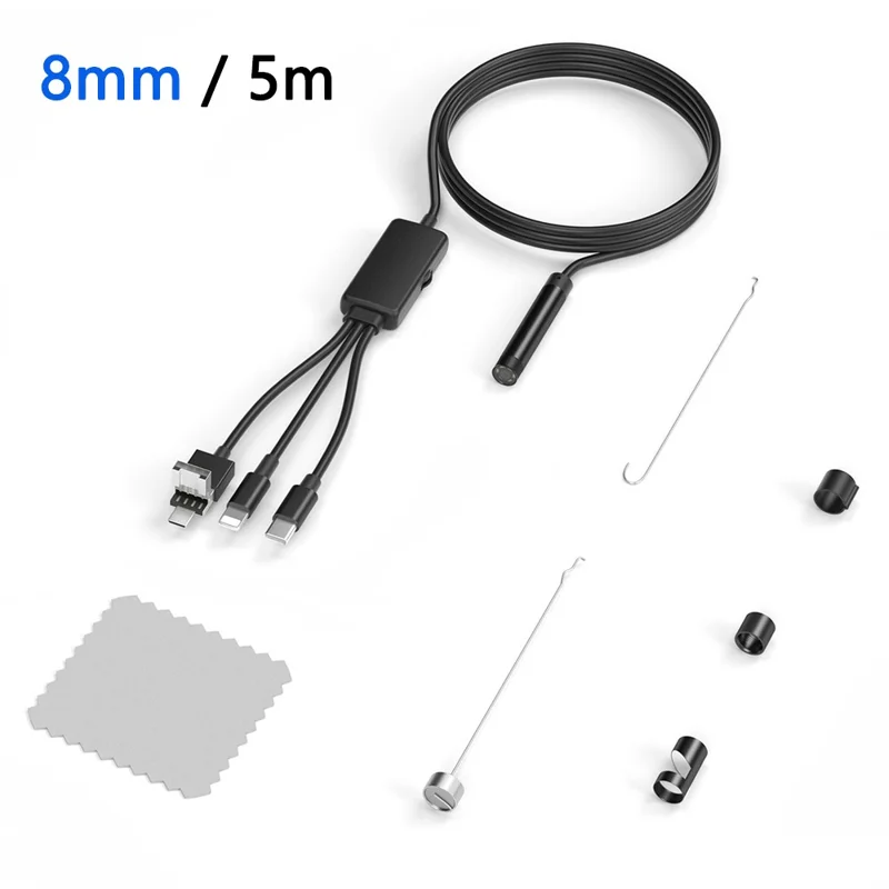 5001PRO 5m Hard Wire 8mm Aluminum Tube Inspection Endoscope 8-Pin+Type-C+USB+Micro USB Snake Camera