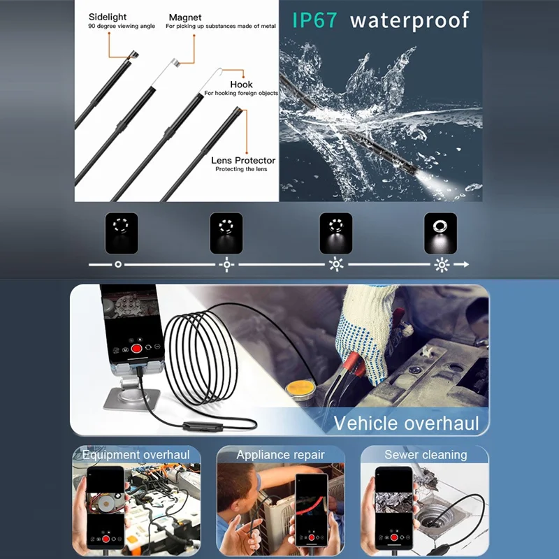 5001PRO 5m Hard Wire 8mm Aluminum Tube Inspection Endoscope 8-Pin+Type-C+USB+Micro USB Snake Camera