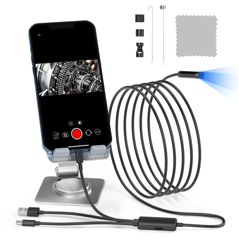 5001PRO 5m Hard Wire 8mm Aluminum Tube Inspection Endoscope 8-Pin+Type-C+USB+Micro USB Snake Camera