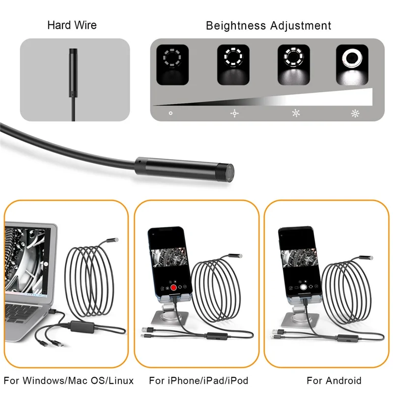 5001PRO 5m Hard Wire 8mm Aluminum Tube Inspection Endoscope 8-Pin+Type-C+USB+Micro USB Snake Camera