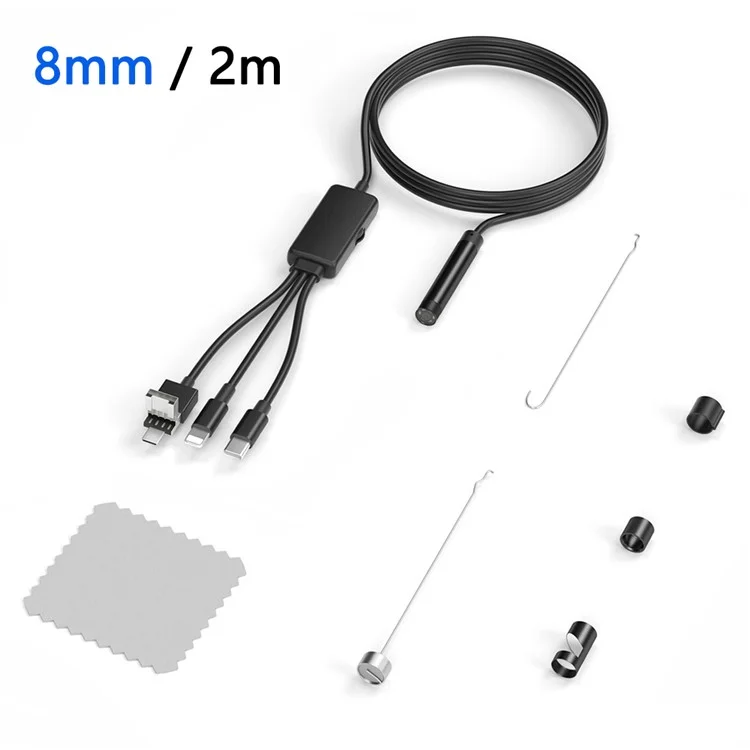 5001PRO Endoscopio de Inspección de Tubo de Aluminio de 8 mm con Cable de 2 m 8-Pin+Tipo-C+USB+Micro USB