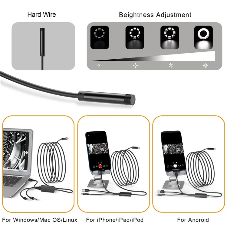 5001PRO Endoscopio de Inspección de Tubo de Aluminio de 8 mm con Cable de 2 m 8-Pin+Tipo-C+USB+Micro USB