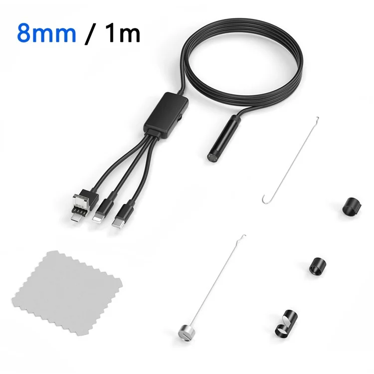 Endoscopio de serpiente 5001PRO 1m con cable duro, tubo de aluminio de 8 mm, 8 clavijas + Tipo-C + USB + Micro USB