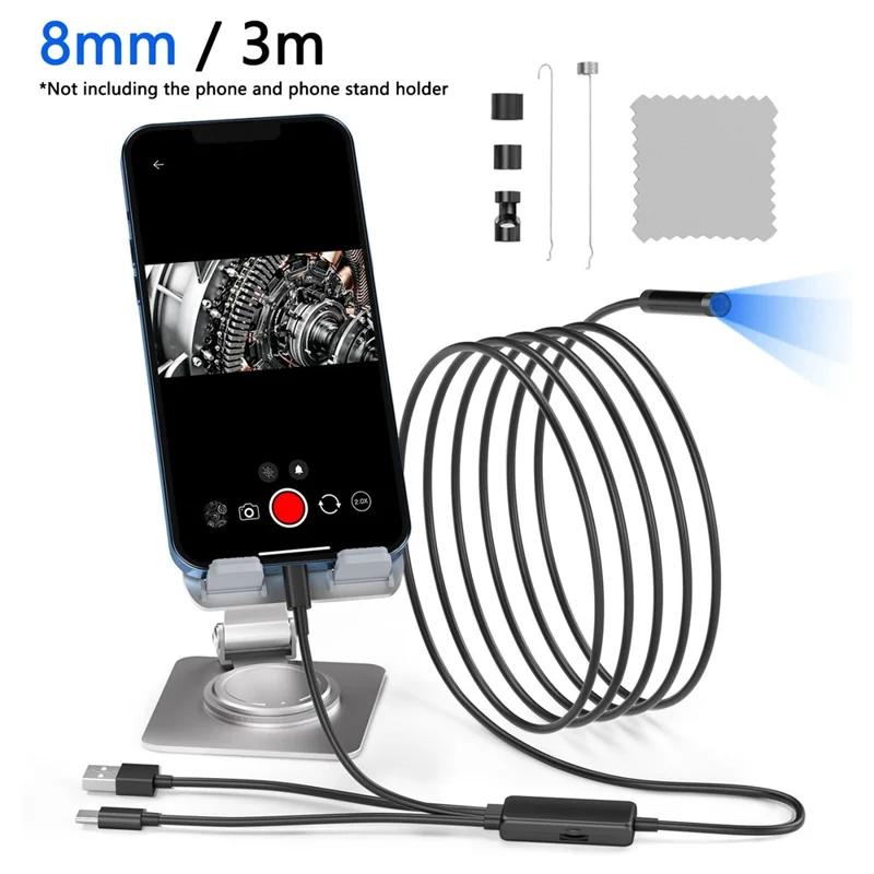 Endoscope d'inspection à tube en aluminium de 8 mm 5001PRO 3m Hard Wire avec caméra serpent USB+Type-C+8 broches