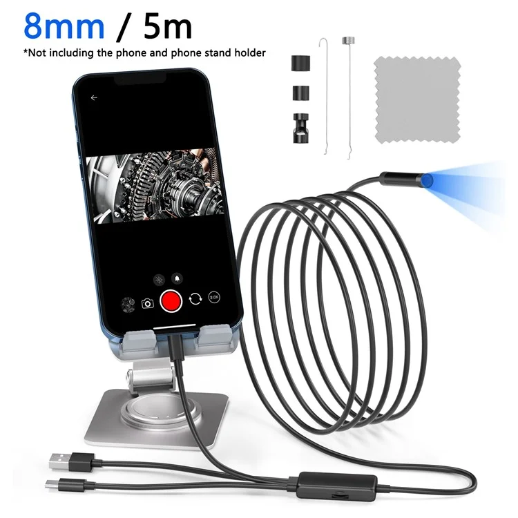 5001PRO 5m Hard Wire 8-Pin+Type-C+USB Snake Camera 8mm Aluminum Tube Inspection Endoscope