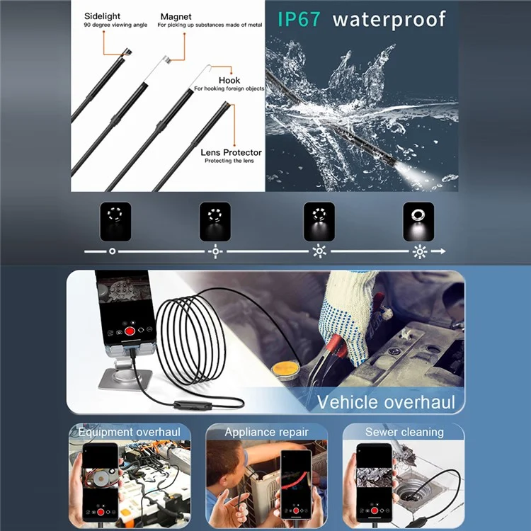 5001PRO 5m Hard Wire 8-Pin+Type-C+USB Snake Camera 8mm Aluminum Tube Inspection Endoscope