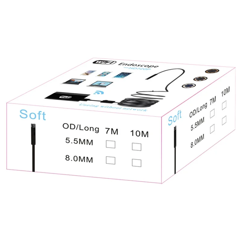 YPC100 1m Flexible Wire WiFi Borescope Camera with Light, 8mm Camera Lens Inspection Endoscope