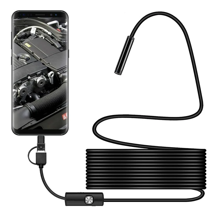 Y1002 5m Flexible Wire Type-C+USB+Android Phone Borescope 5.5mm Camera Lens Inspection Endoscope