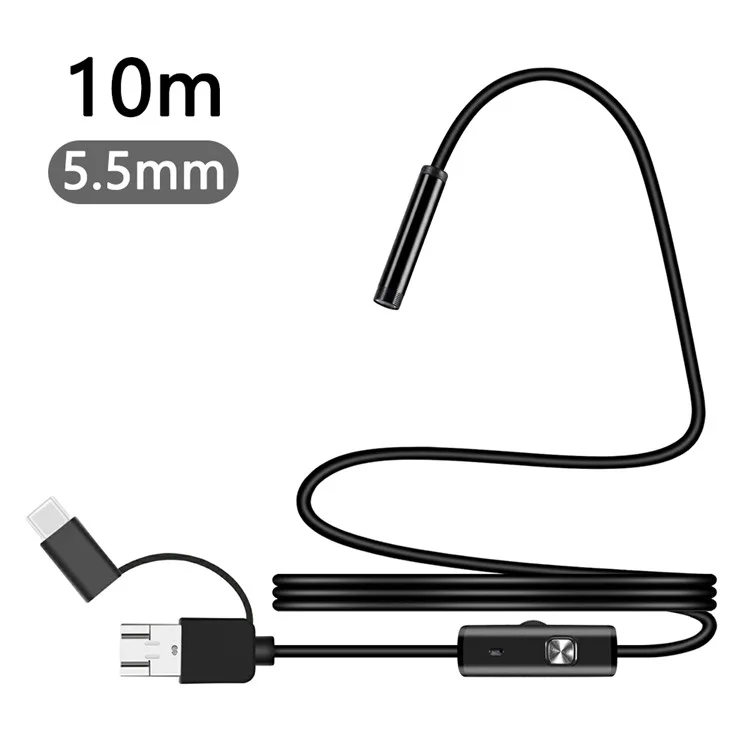 Y1002 Endoscopio tipo C+USB+Android Phone Borescope con lente de cámara de 5,5 mm y cable duro de 10 m