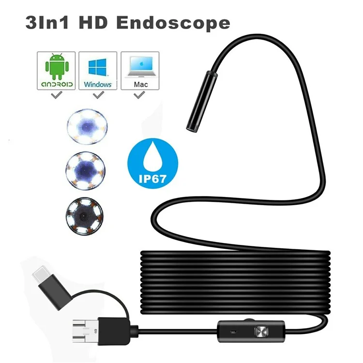 Y1002 Endoscopio tipo C+USB+Android Phone Borescope con lente de cámara de 5,5 mm y cable duro de 10 m