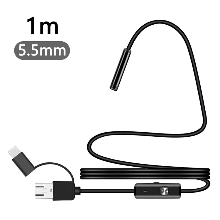 Y1002 1m Hard Wire 5.5mm Camera Lens Inspection Endoscope Type-C+USB+Android Phone Borescope