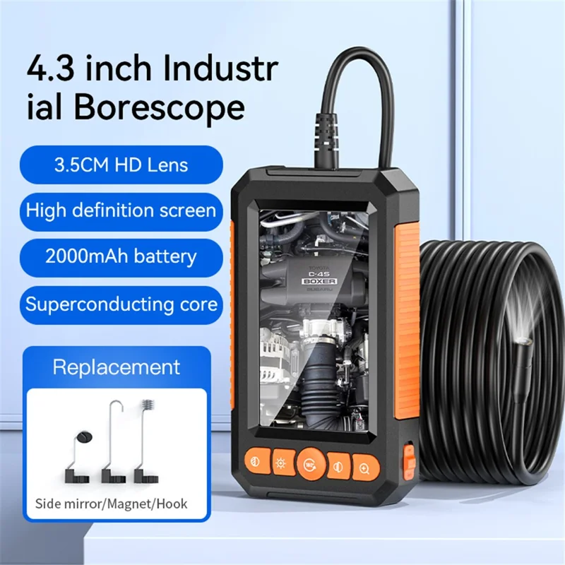 C43 Cable de 5m 8mm Boroscopio de Inspección de Cámara FullHD de Una Sola Lente con Pantalla de 4.3 pulgadas
