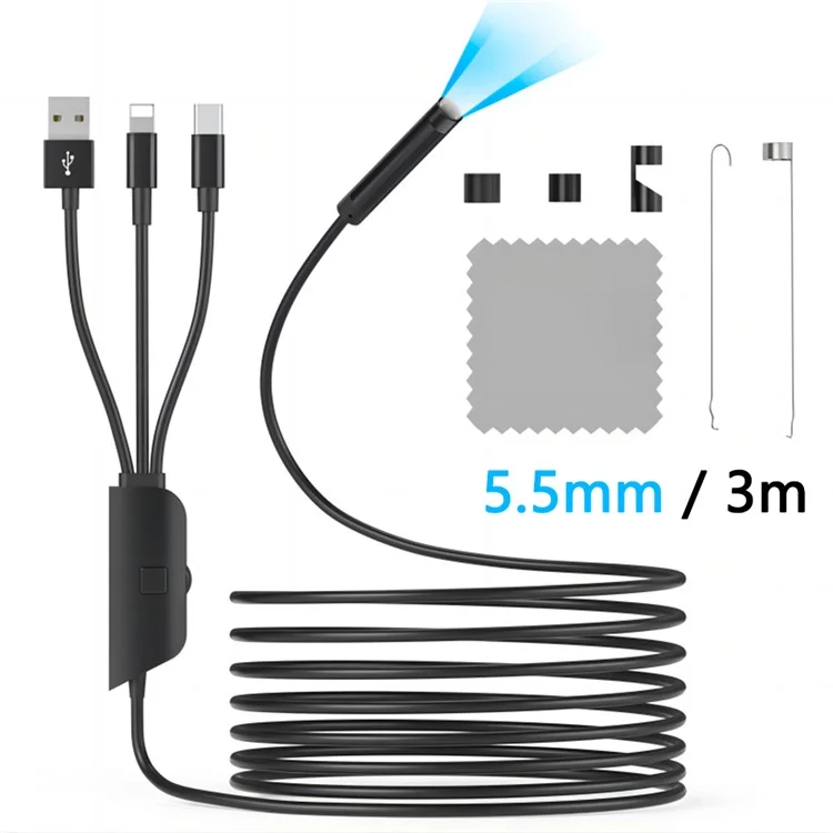 Câble dur 5002PRO 3m 5.5mm Tube en aluminium 8-LED Caméra d'inspection IP67 Étanche Endoscope industriel, Interface Type-C + iP + USB