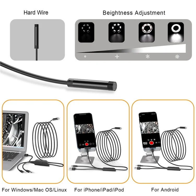 Câble dur 5002PRO 3m 5.5mm Tube en aluminium 8-LED Caméra d'inspection IP67 Étanche Endoscope industriel, Interface Type-C + iP + USB