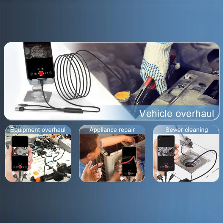 Câble dur 5002PRO 3m 5.5mm Tube en aluminium 8-LED Caméra d'inspection IP67 Étanche Endoscope industriel, Interface Type-C + iP + USB