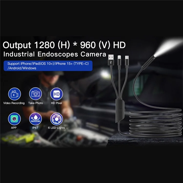 Câble dur 5002PRO 3m 5.5mm Tube en aluminium 8-LED Caméra d'inspection IP67 Étanche Endoscope industriel, Interface Type-C + iP + USB