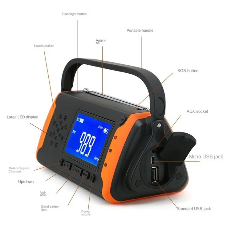 Radio AM / FM con manivela solar de emergencia, linterna LED y banco de energía de 4000 mAh (versión UE)