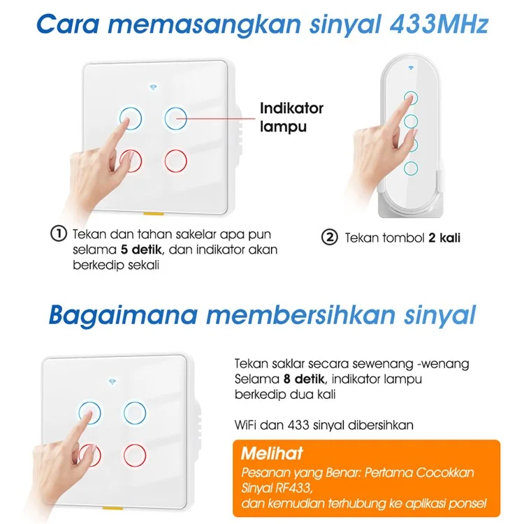 MG-KG110 4-fach WLAN+433 MHz Dual-Modus Touch Smart Switch Tuya APP Sprachsteuerung Wandlichtschalter, EU-Stecker / Weiß