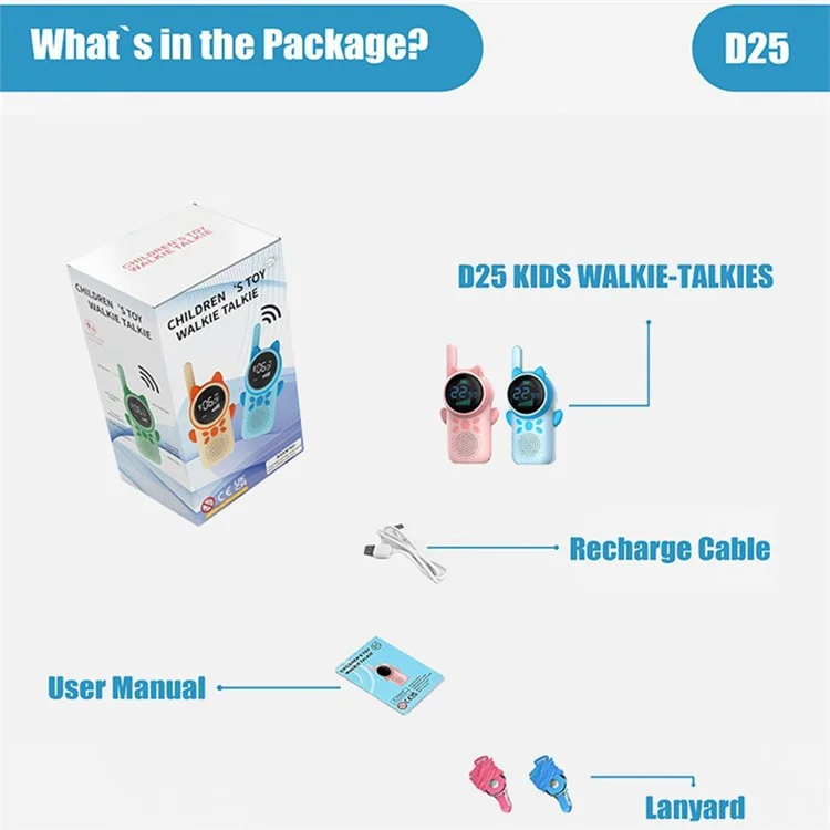 D25 1 Paar 1,5-Zoll-Farbbildschirm-Kinderfunkgeräte mit 3-km-Reichweite, Handfunkgerät-Intercom - Pink+Blau