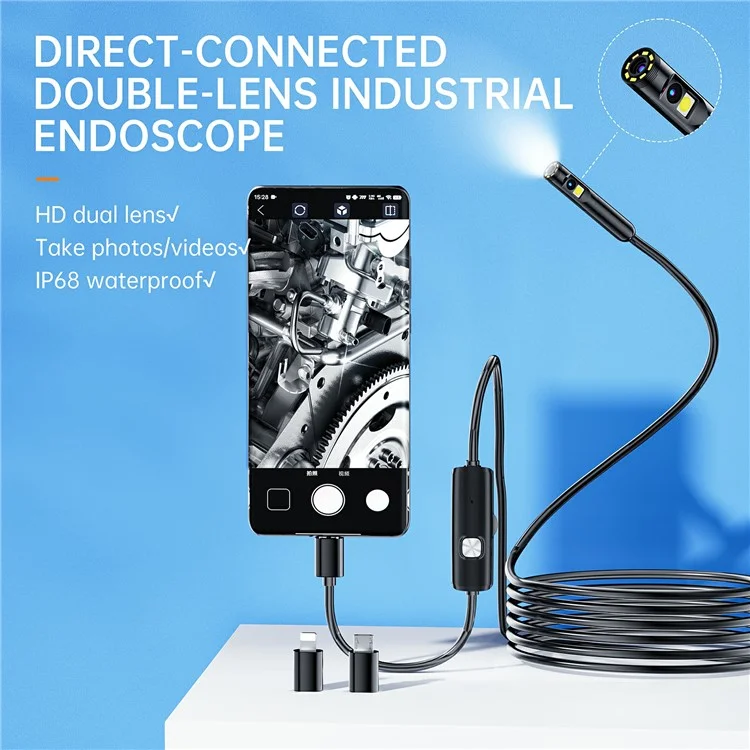 AN112 Cable Rígido 5m 3.0MP HD Endoscopio 8mm Doble Lente Cámara de Inspección Industrial para Apple / Android Phone