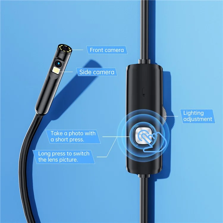 AN112 Cable Rígido 5m 3.0MP HD Endoscopio 8mm Doble Lente Cámara de Inspección Industrial para Apple / Android Phone