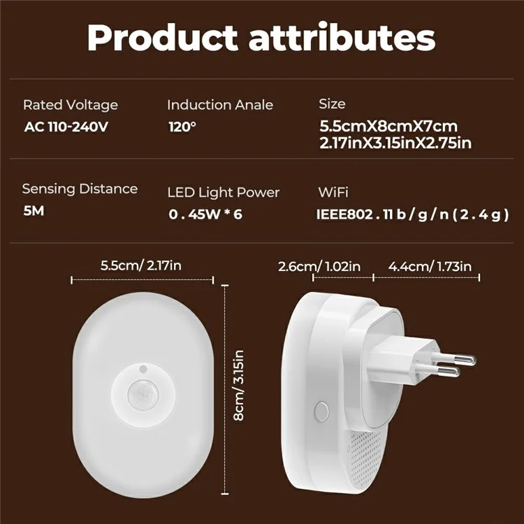 Luz Noturna WiFi Tuya App Control de Voz Inteligente para Residência Detecção de Corpo Humano Infravermelho - Plug EUA