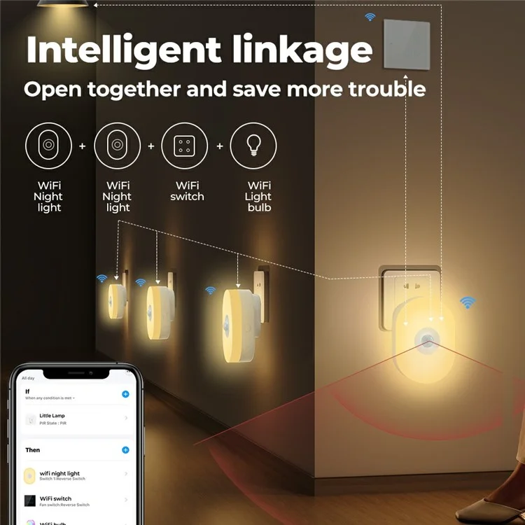 Luz Noturna WiFi Tuya App Control de Voz Inteligente para Residência Detecção de Corpo Humano Infravermelho - Plug EUA