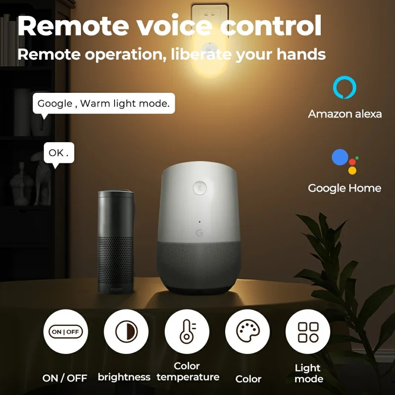 Luz Noturna WiFi Tuya App Control de Voz Inteligente para Residência Detecção de Corpo Humano Infravermelho - Plug EUA