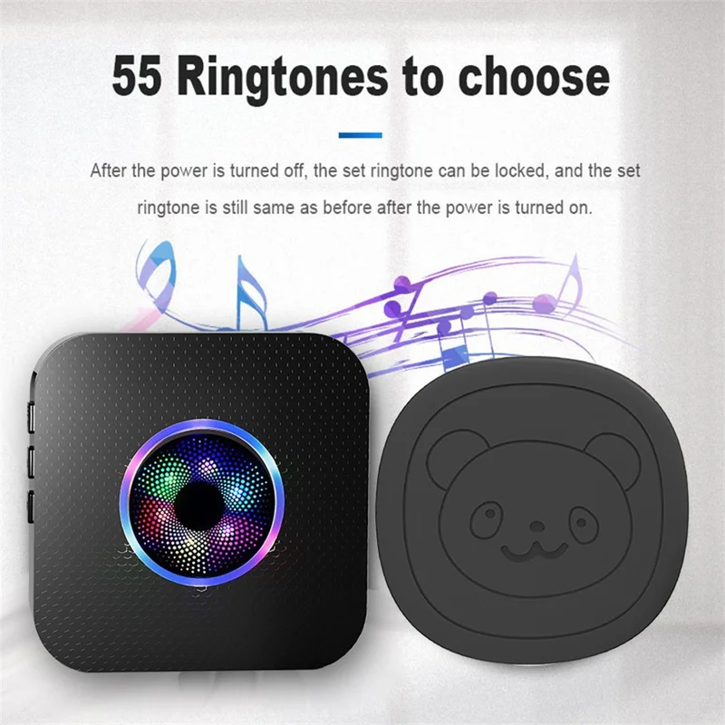 N65Q-2T2 Cute Cartoon Wireless Door Bell 55 Ringtones Flashing Home Doorbell, 2 Transmitter+2 Receiver - US Plug / Black